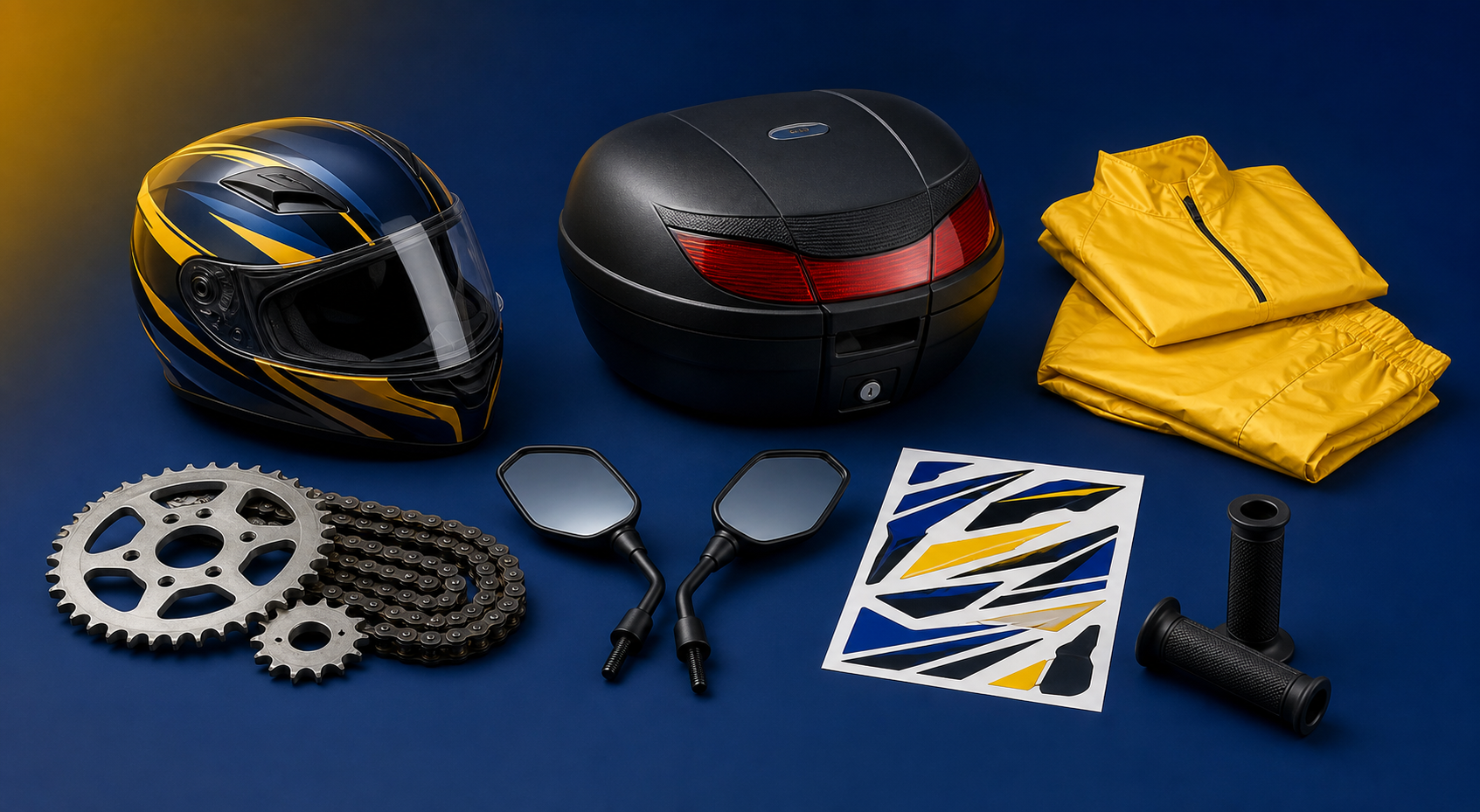 Capacete, baú, relação, retrovisores, adesivos, manoplas e capa de chuva para moto